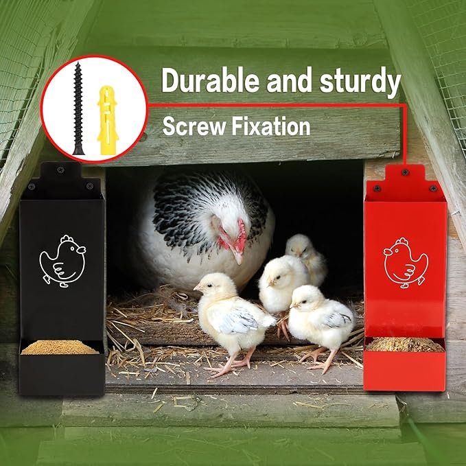 Chicken Gritr and Oyster Shell Feeder Hanging Metal Chicken Feeder for Hens or Chicks Chicken Coop Accessory Gravity-Fed Anti-Waste Design (Red and Black)