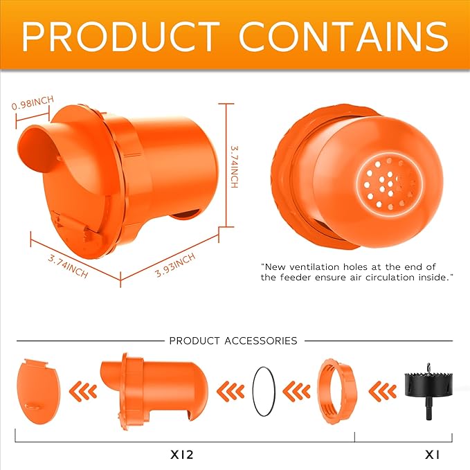Chicken Feeder Port 12Pack Poultry No Waste Port Kit with Stopper Lid, 1 Hole Saw, DIY Automatic Reusable Coop Feeder, Rain Proof Gravity Feeding Geese Duck Hens Rooster for Bucket Barrel Bin (Orange)