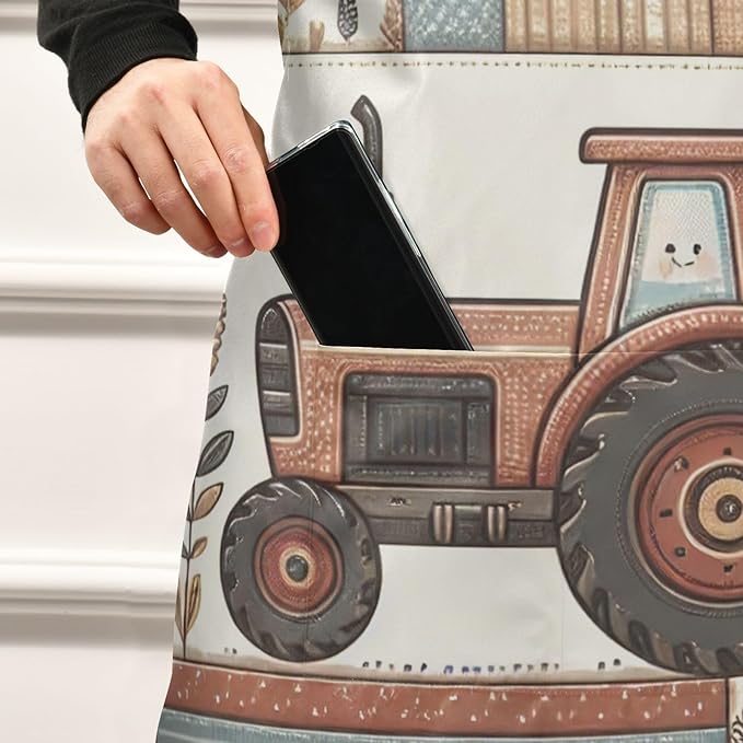 Vintage Checkered Farm Tractor Apron, Aprons for Women with Pockets - Adjustable Apron for Men Cooking Gardening Baking