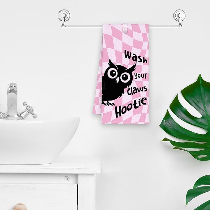 Cute Owl Pink Bathroom Kitchen Towels, Wash Your Claws Hand Towel for Girly Room, Funny Gifts for Owl Lovers, Trendy Preppy Checkered Dish Towels Decor for Dorm Home 16x24in