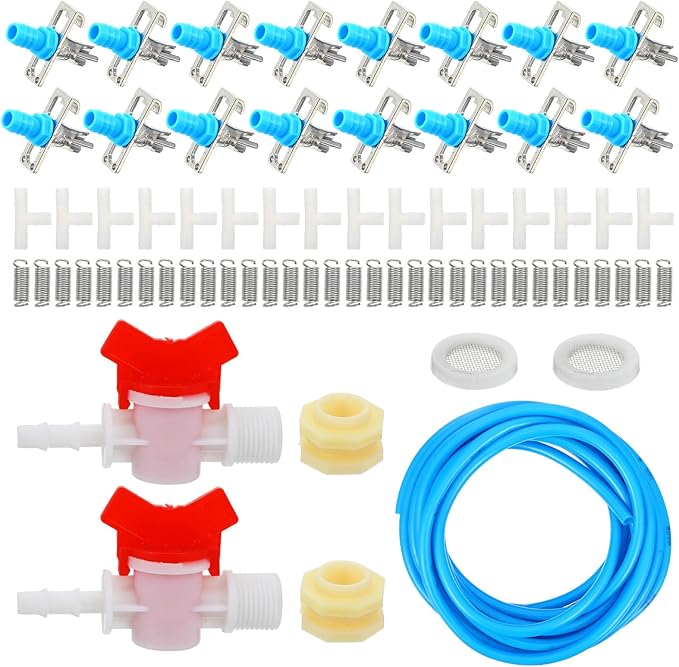 Automatic Rabbit Watering Kit - Including 5/16" Hose, 16 PCS Nipple Drinkers, Barb Fittings to G1/2" Thread Connectors, T-Fittings, Springs, and Gaskets, Automatic Rabbit Watering System