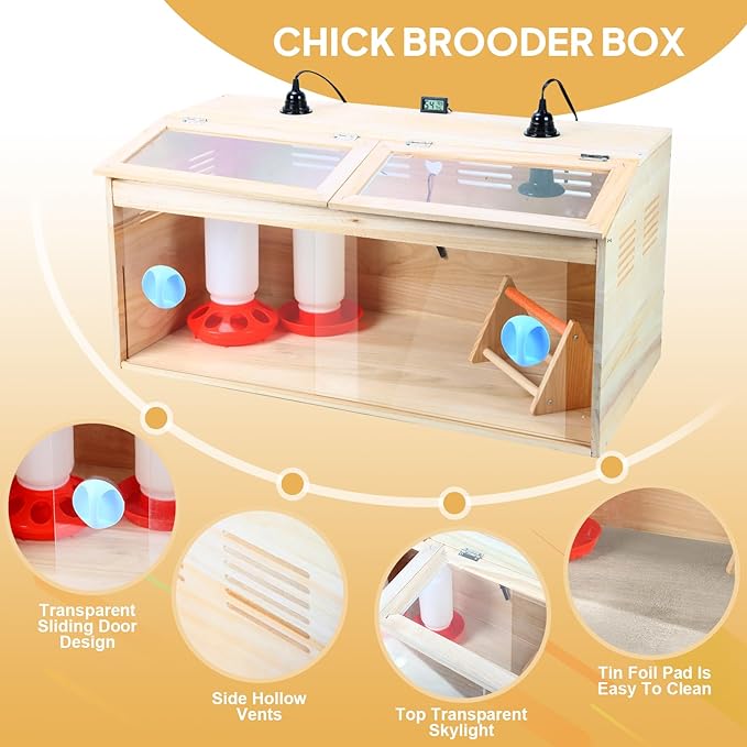 Chick Brooder Box Chick Starter Kit,Large Wooden Brooder Box for Chicks with Waterer Feeder Perch Thermometer and Heat Lamp Set,Baby Chicken Supplies for Duck Quail Hamsters and Lizards