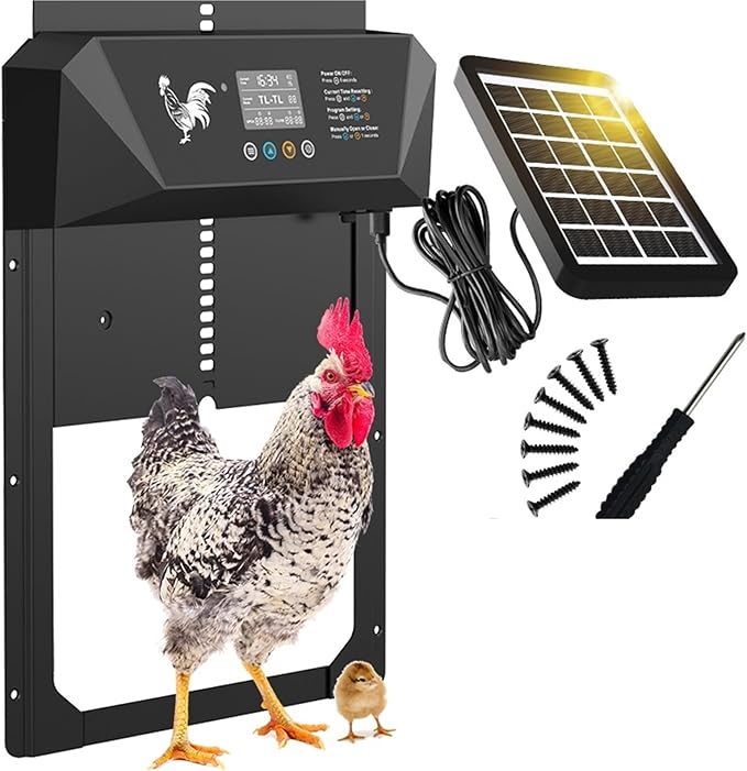 Solar Powered Automatic Chicken coop Door with Timer and Light Sensor, Aluminum Alloy Chicken Door with Remote Control