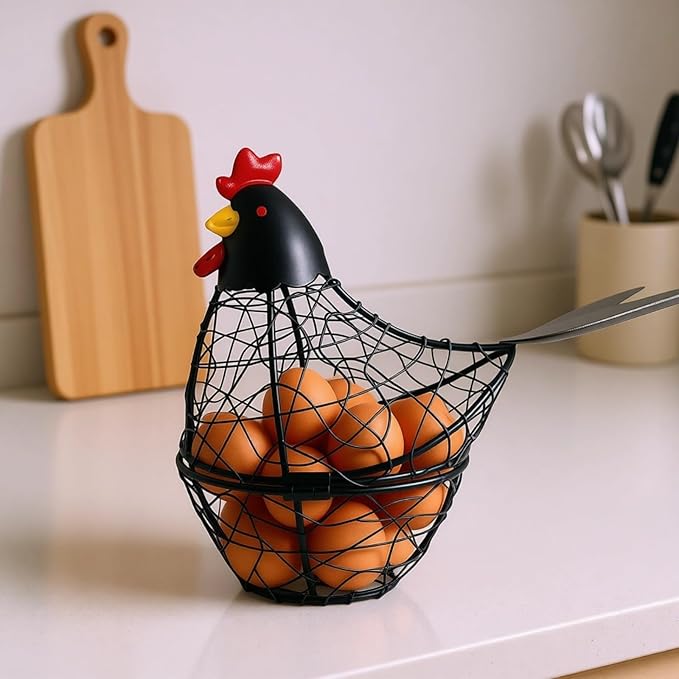 Decorative Chicken Egg Basket, Farmhouse Kitchen Storage Organizer, Wire Egg Collecting Basket, Chicken Decor Countertop Egg Holder, 8.3 x 3.5 x 7.5 in