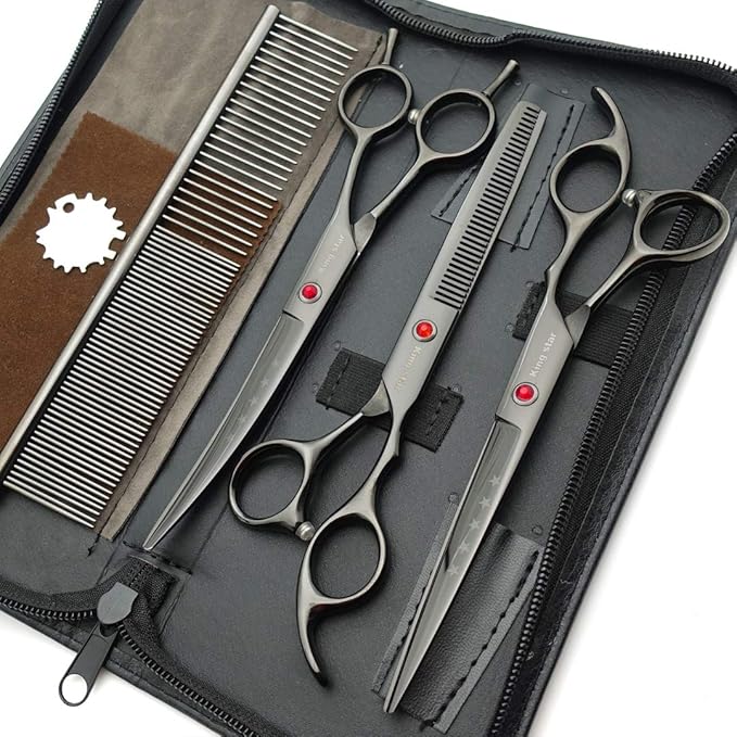 7.0in Professional Pet Grooming Scissors Set,Straight & Thinning & Curved Scissors 3pcs Set with Comb for Dog Grooming,A419 (Black-Grey)