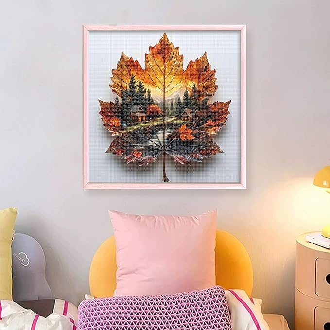 Maple Leaf Forest Cabin Stamped Cross Stitch Kits for Adults Beginners - 45x45cm 11CT Pre-Printed Embroidery Needlepoint Starter Kit, DIY Craft Perfect for Christmas Gift Home