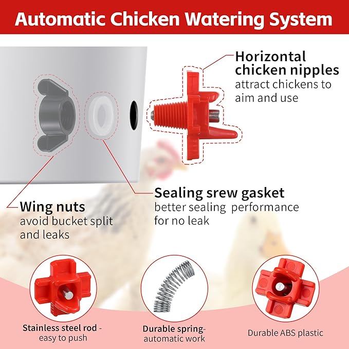 40 Pcs Horizontal Chicken Water Nipples with Drill Bit, Leakproof Poultry Water Nipples, Durable ABS & Stainless Steel, Automatic Chicken Waterer Spouts for Coop Outdoor Use