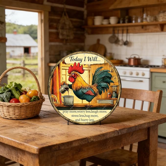 Chicken Signs Rooster Kitchen Round Wall Decor Today I Will Pray More Worry Less Metal Tin Sign Funny Chicken Coop Accessories Rooster Decor Home Garden Farm Yard Office 12 Inch