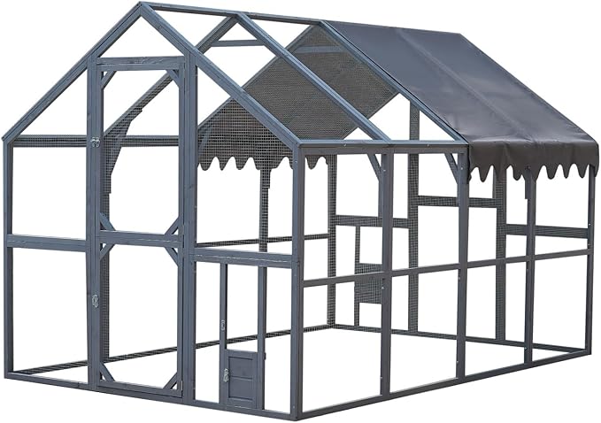 KEIKI 110" L Outdoor Large Chicken Coop with Waterproof Cover, Wire Mesh & 2 Lift Small Doors with Locks, Wood Chicken Coop House with Run for Cat Kitten Playpen, Duck, Rabbit, Quail