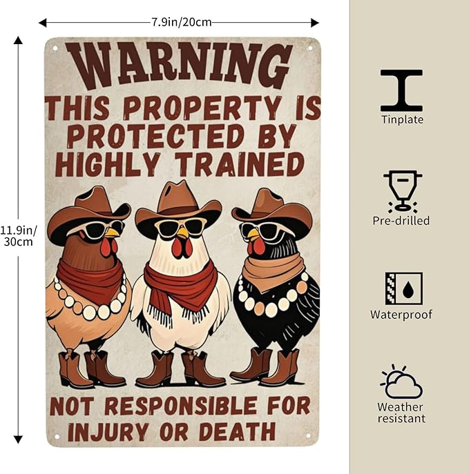Funny Chicken Coop Sign "Warning" Metal Chicken Signs for Coop Funny Outdoor Farmhouse Kitchen Garden Decor 8 X 12 Inch Chicken Gifts