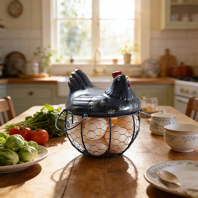 Egg Storage Organizer for Kitchen Countertop, Ceramic Chicken Lid with Wire Basket Dispenser, Black Chicken Egg Holder for Fresh Eggs, Rustics Egg Dispenser Rack for Farmhouse Decor (Black)
