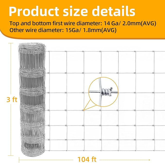 3ft x 104ft Galvanized Farm Fence, Fixed Knot Woven Wire Fence 16Ga, for Sheep Dog Panel Plant Garden Flower Bed and Field Protection