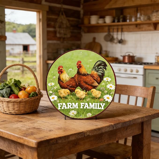 Round Vintage Chicken Metal Sign Farm Family Chicken Coop Sign Home Kitchen Coffee Wall Decor Art Poster 12 Inch