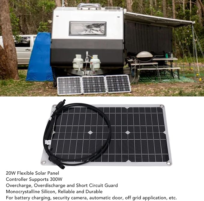 Flexible Solar Panel, 20W Portable Solar Panel with Overload Guard Function, Monocrystalline Silicon Solar Charger for Automatic Door Camping RV Off Grid