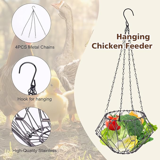 Hanging Chicken Feeder, Chicken Toys for Coop, Foldable Large Poultry Vegetable Fruits Feeder Basket with Hanging Chain, Chick Feeder for Chicken/Hens/Duck/Rabbit, M 2PCS