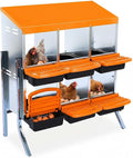 Chicken Nesting Box, 6 Compartments Metal Roll Away Nest Box for Chicken Coop, Heavy-Duty Eggs Laying Boxes with Removable Lid for Easy Egg Collection, Easy Cleaning, Orange