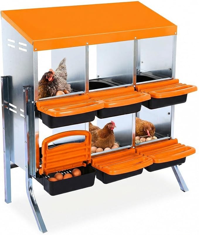 Chicken Nesting Box, 6 Compartments Metal Roll Away Nest Box for Chicken Coop, Heavy-Duty Eggs Laying Boxes with Removable Lid for Easy Egg Collection, Easy Cleaning, Orange