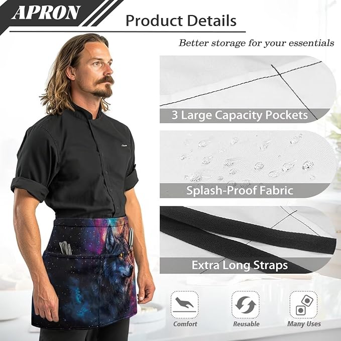 Waist Apron with 3 Pockets Waterproof 13 Inch Short Half Waist Aprons Women Men Server Aprons Waitress Waiter Apron