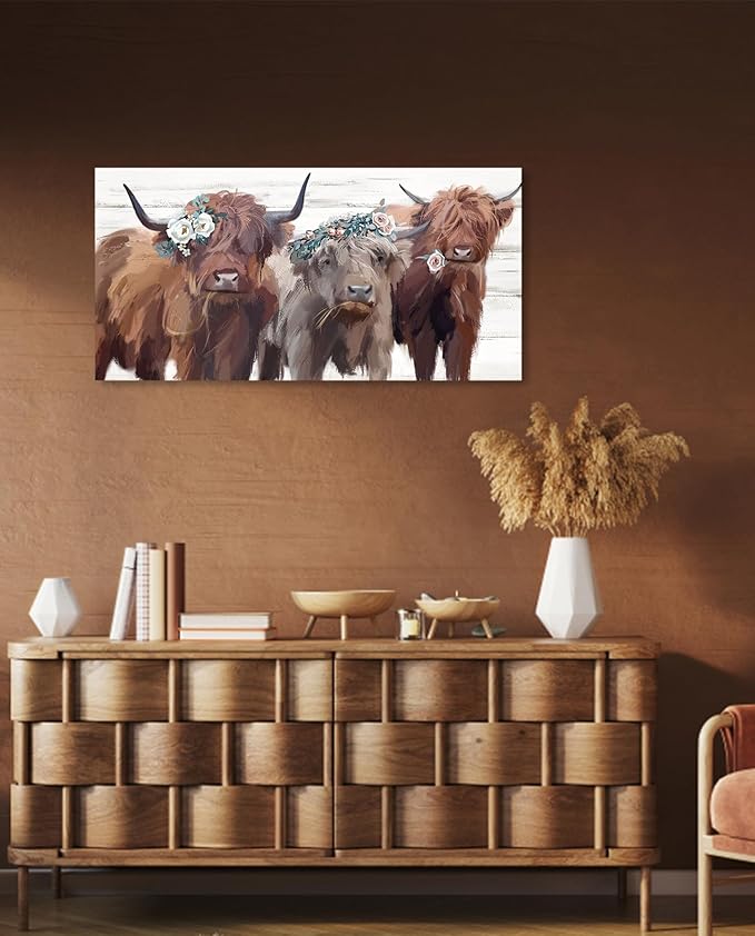 Highland Cow Canvas Wall Art: Cow Floral Picture Farmhouse Kitchen Decor Funny Animal Long Haired Scottish Cow Paintings Framed Rustic Country Wall Decor for Living Room Bedroom 20" x 40"