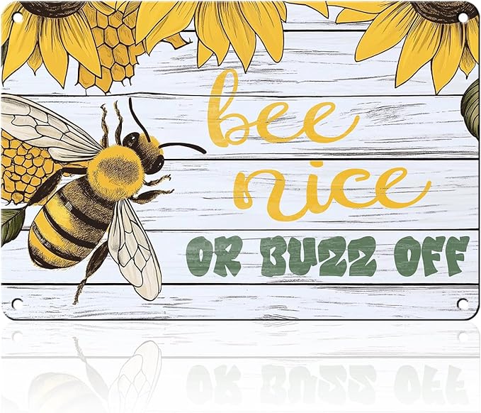 Bee Nice or Buzz Off Decor Sign Vintage Metal Tin Sign Country Farmhouse Decor Home Decor Rustic Farmhouse Decorations for The Home 8x12inch