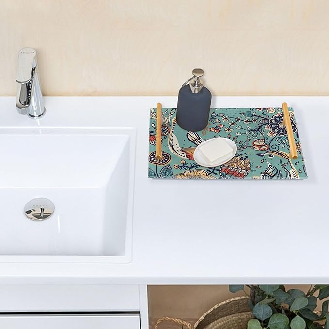 Bathroom Vanity Tray Counter Organizer, Floral and Bird Pattern Turquoise Decorative Tray with Handles Countertop Storage for Bathroom Bedroom Kitchen Home Farmhouse