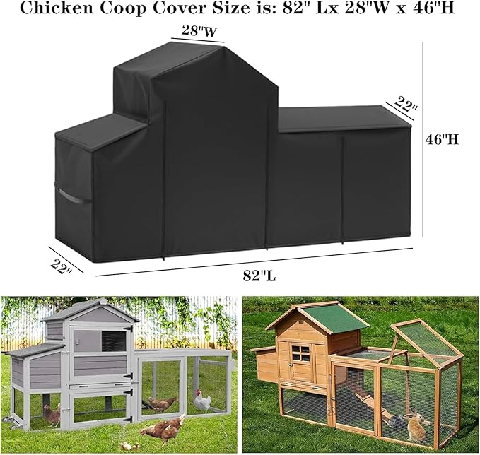 Chicken Coop Cover for Winter Waterproof for Outdoor 600D Oxford Small Chicken House Cage Cover with Zipper Doors (Fits 82" Lx 22" W x 46" H,Roof 28" W) Suitable for Duck Coop and Rabbit Coop