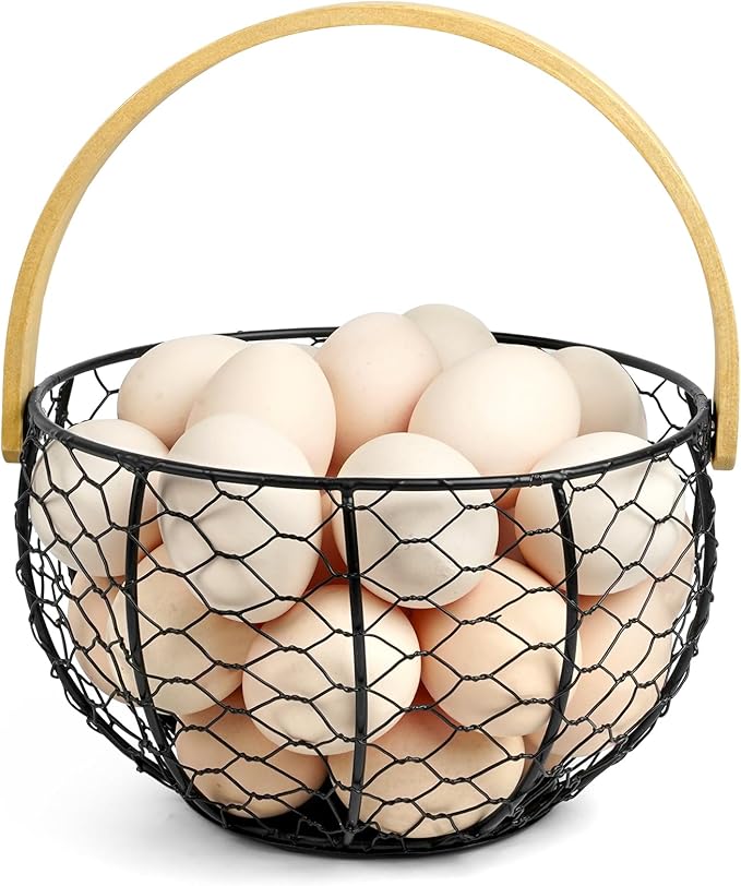 Wire Egg Basket for Gathering Fresh Egg Collecting Basket With Handle, Large Capacity Egg Holder Countertop, Metal Vintage Chicken Egg Basket for Farmhouse Kitchen Counter Decor Fruit Storage (Black)