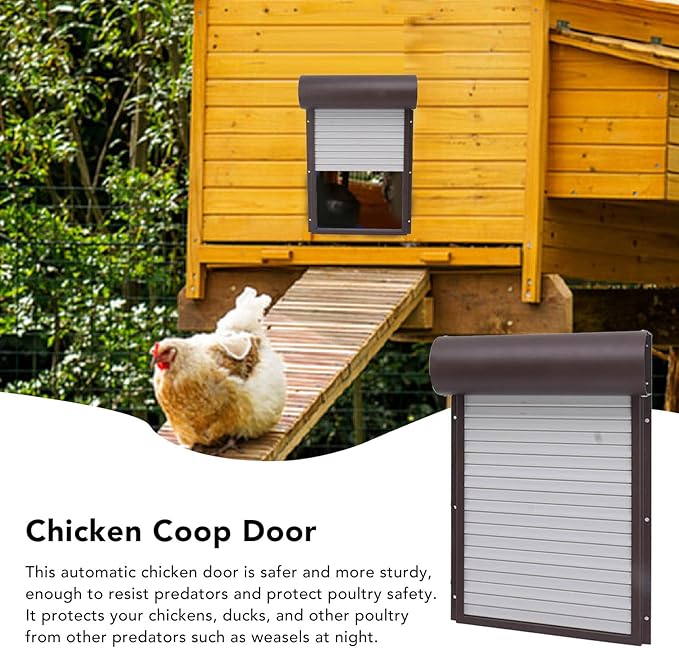 Automatic Solar Powered Chicken Coop Door with Light Sensing and Timer, Metal Iron Auto Chicken House Protection Door for Duck Goose, Remote Control, with LED Clear Dosplay (Brown)