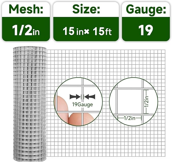 Hardware Cloth 1/2inch 15inx15ft 19 Gauge,Double-Layer Hot-Dip Galvanizing After Welding,Chicken Wire Netting Garden Wire Fencing Rabbit Snake Fence Chicken Coop Plant Supports