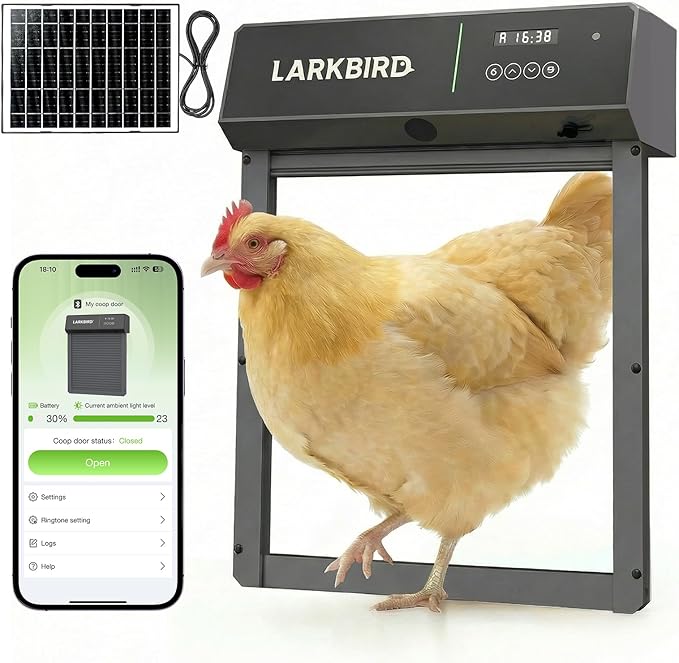 Larkbird Upgraded Automatic Chicken Coop Door Solar Powered, Auto Chicken Door with App Control, Custom Audio Recording, Timer & Light Sensor, Anti-Pinch Design