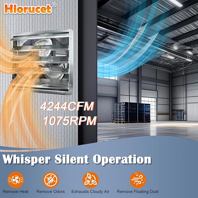 Hiorucet 24 Inch Shutter Exhaust Fan Wall Mounted, 4244 CFM High Speed Low Noise Aluminum Louvered Exhaust Fan with 1.8m Power Cord for Greenhouse, Garage, Shop, Attics, Chicken Coop Ventilation Fan.