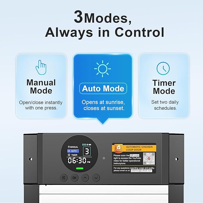 Automatic Chicken Coop Door – Solar Powered Aluminum Auto Chicken Door with Light Sensor, Timer & Manual Control, 2500 mAh Battery +USB-C Backup, Waterproof, Anti-Pinch Safety, Fits Most Poultry Coops