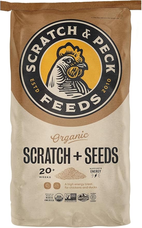 Scratch and Peck Scratch + Seeds Chicken and Duck Treat - 25 lbs Bag - 11% Protein, Certified Organic and Non-GMO Project Verified Chicken Food