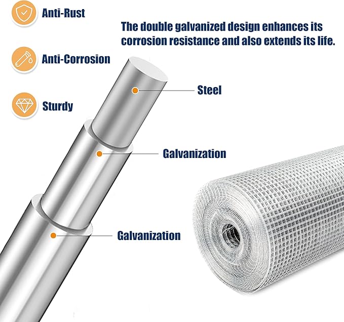 1/2inch 24Inch（H）x100Ft（L）19 Gauge Hardware Cloth Chicken Wire Fencing Hot-Dipped Galvanized Welded Chicken Wire Mesh Roll Metal Fence for Poultry Cage Home Improvement Projects