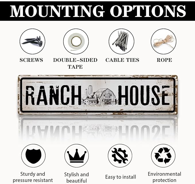 Vintage Farmhouse Sign, Ranch House Sign 15.8x4 inches, Rustic Metal Signs for Indoors or Outdoors Use, Country Style Home Decor, Vintage Bar Pub Decor, Decorative Aluminum Wall Plaque