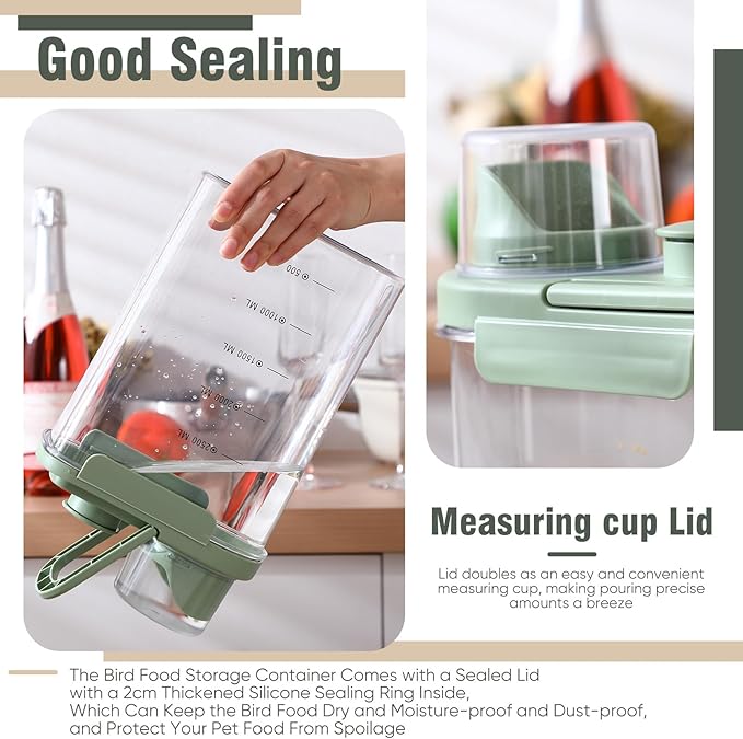 Maxdot 2 Pcs Bird Seed Storage Container 3 Qt/2.8 L with Tight Lids Airtight Cup Pet Food Storage Measuring Containers Lids with Pouring Spouts for Macaws African Grey Cockatoos (Green)