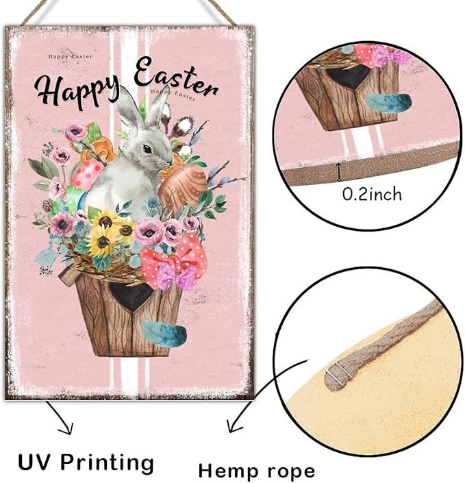 Wood Wall Art Plaque Happy Easter Flower Basket Bunny Sign French Style Floral Pink Stripes Wall Hanging Signs Easter Eggs Farmhouse Bunny Wood Plaque for Bedroom 8x12in