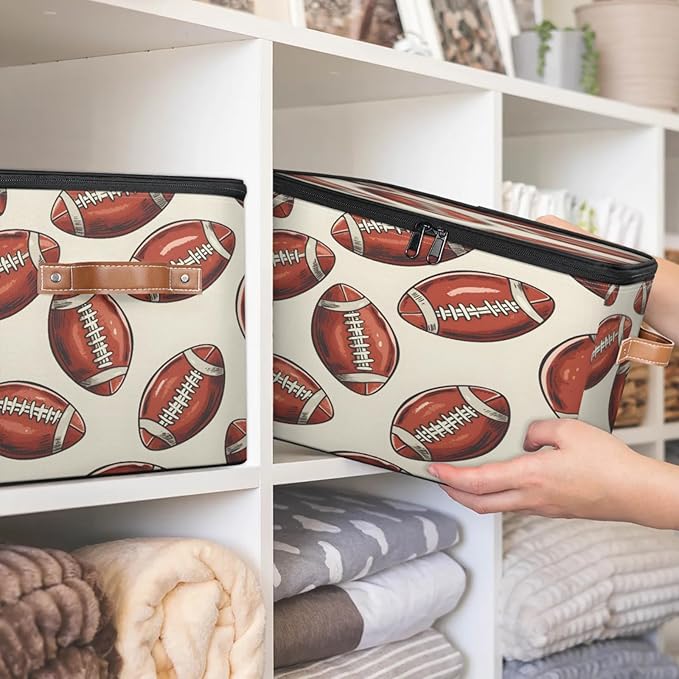 Storage Cubes with Lid Fabric Storage Bins Boxes PU Leather Handles, Rugby Football Closet Organizer Container Foldable Washable Shelf Cloth Basket, Rugby Balls Sport