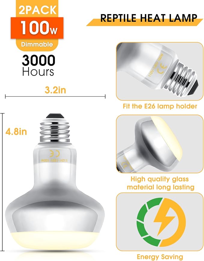 EvaStary Reptile Heat Bulb, 100W Simulated Natural Daylight Reptile Basking Spot Light Bulbs, UVA Reptile Heat Lamp Bulbs for Reptiles, Bearded Dragon, Lizard, Amphibian, Turtle, Snake, Chicken, 2Pack
