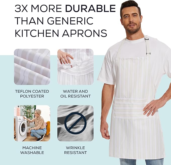 Will Well Kitchen Apron for Men and Women - 33" x 27" Oil-and-Water-Resistant with Adjustable Neck Strap and 38" Waist Ties for a Snug Fit, Lightweight with 2 Front Pockets - 2-Pack, White Stripe