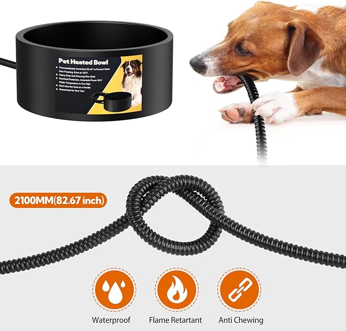 Heated Water Bowl for Dogs & Cats, Waterproof Heated Dog Bowl with Chew Resistant Cord, Large Heated Pet Bowl, Provide Warmable Water for Dogs, Cats, Chicken, Birds in Winter 3.2L（Black）