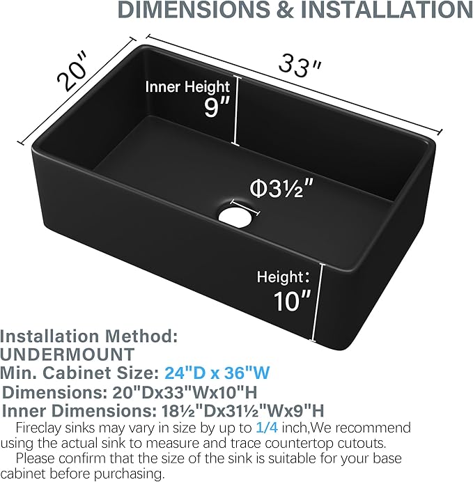 Black Farmhouse Sink 33 x 20 Inch, Firecaly Apron Front Undermount Farm Sink, Single Bowl, with Accessories 2 Types, Matte Black, for Kitchen
