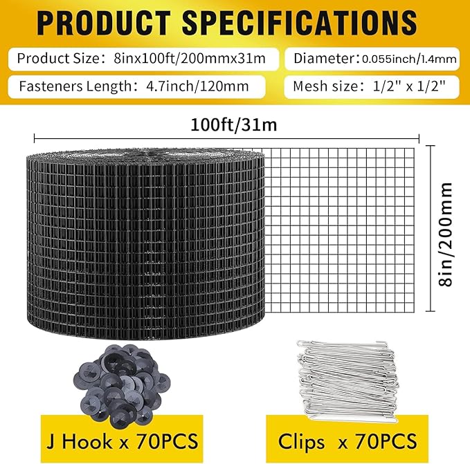 8in X 100ft Solar Panel Bird Guard,Solar Panel roof Protection net 1/2inch Mesh PVC Black Vinyl Coated Galvanized net 70 Fastener ClipsUsed for Bird,Animal Control