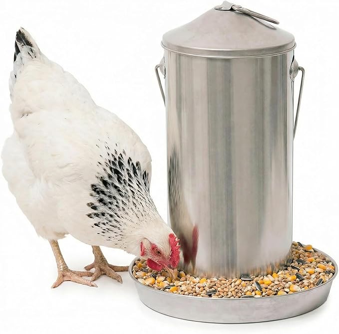 Plexon 8.8 Lb Stainless Steel Hanging Chicken Feeder no Waste Food-Grade - Duck Turkey Poultry Feeder for Chicken Metal - Heavy Duty Reliable Long-Lasting with Handle