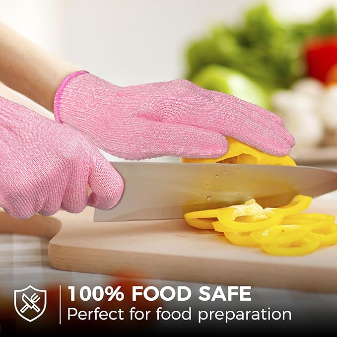 Evridwear Cutting Gloves Level 5 Cut Resistant, Food Safe Gloves with Non-Slip Grip for Kitchen, Meat Cutting & Mandoline Use, 2 Pairs (S, Pink+Gray)