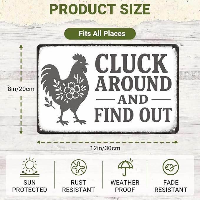 Chicken Coop Tin Sign Farmhouse Wall Decor, Funny Rustic Chicken Decor for Kitchen Home Garden Poultry Habitat, Vintage Metal Sign Wall Art for Farmers, 12 x 8 Inch (Gray)