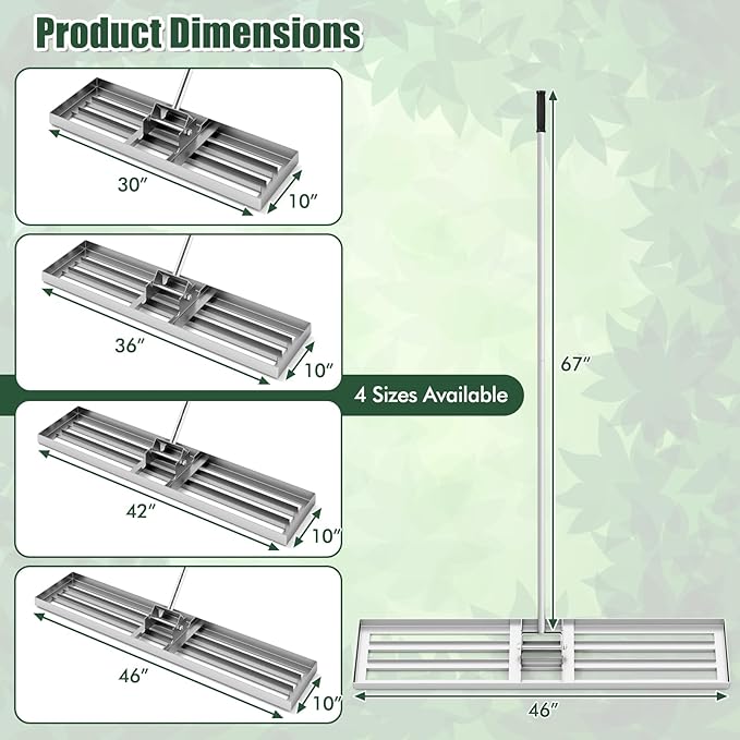 Happygrill Lawn Leveling Rake, Heavy Duty Lawn Level Tool for Soil w/67” Handle, Dirt Ground Leveler, Effort-Saving Landscape Rake for Garden, Backyard, Golf Course, Farm, Pasture (46" x 10", Silver)