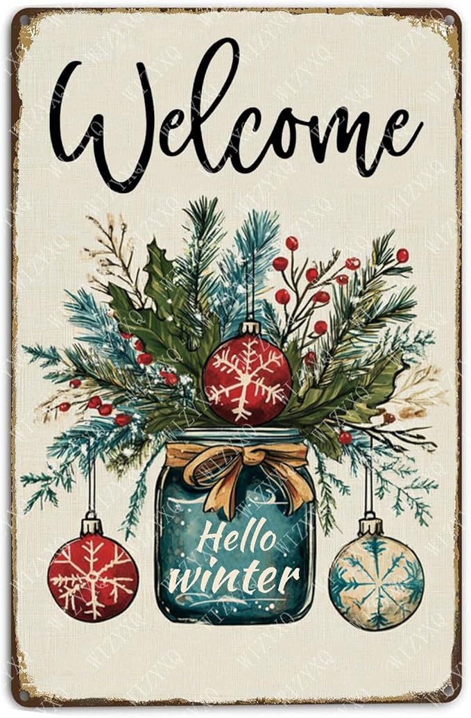 Welcome Hello Winter Tin Sign Funny Metal Sign Aluminum Sign For Home Office Cafe Garden 12×8 Inch