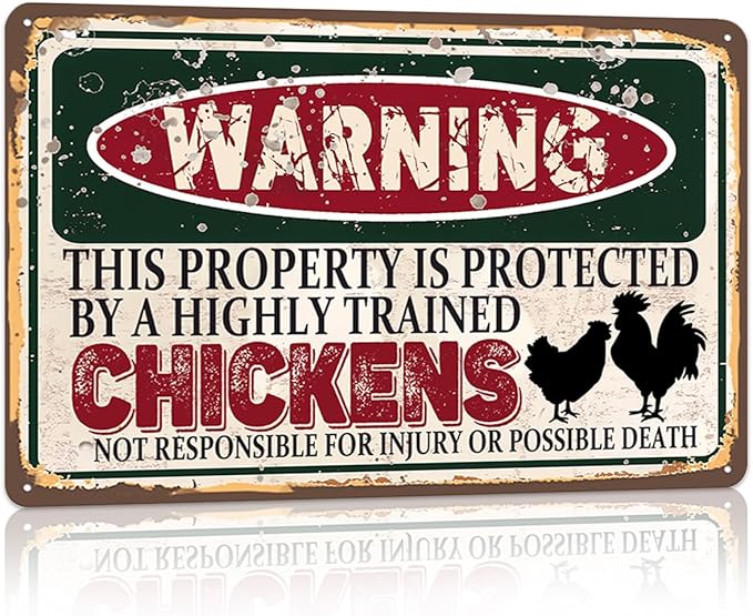 Vintage Chickens Metal Sign chicken coop accessories farmhouse kitchen decor Warning this property is protected bY a highly trained Chickens Sign Funny Tin Signs 12x8 Inch
