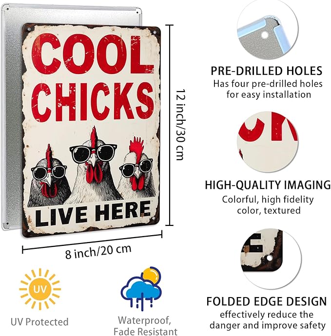 Cool Chicks Live Here Metal Tin Sign for Home Farmhouse Chicken Coop Home Kitchen Wall Decoration Chicken Coop Accessories Decor Wall Art 8x12 Inch